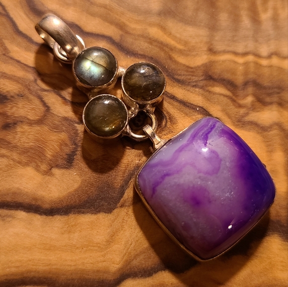 Vintage Jewelry - Gemstone silver pendant agate and labradorite